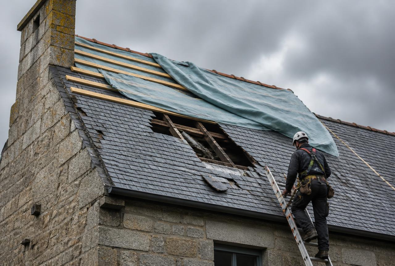 Bâchage d'urgence sur une toiture en ardoise d'une maison bretonne en granit après une tempête