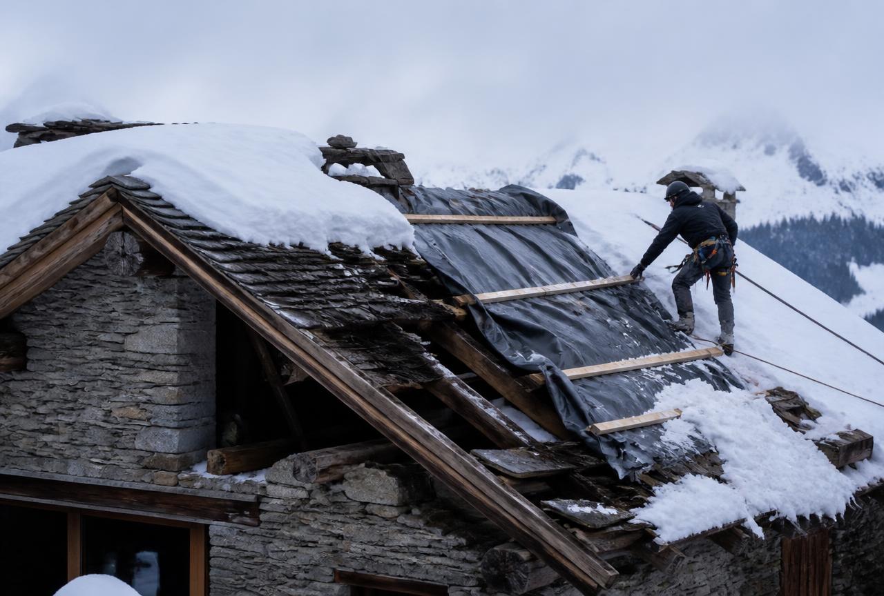 Toiture en lauzes d'un chalet de montagne effondrée sous la neige, mise hors d'eau par un couvreur
